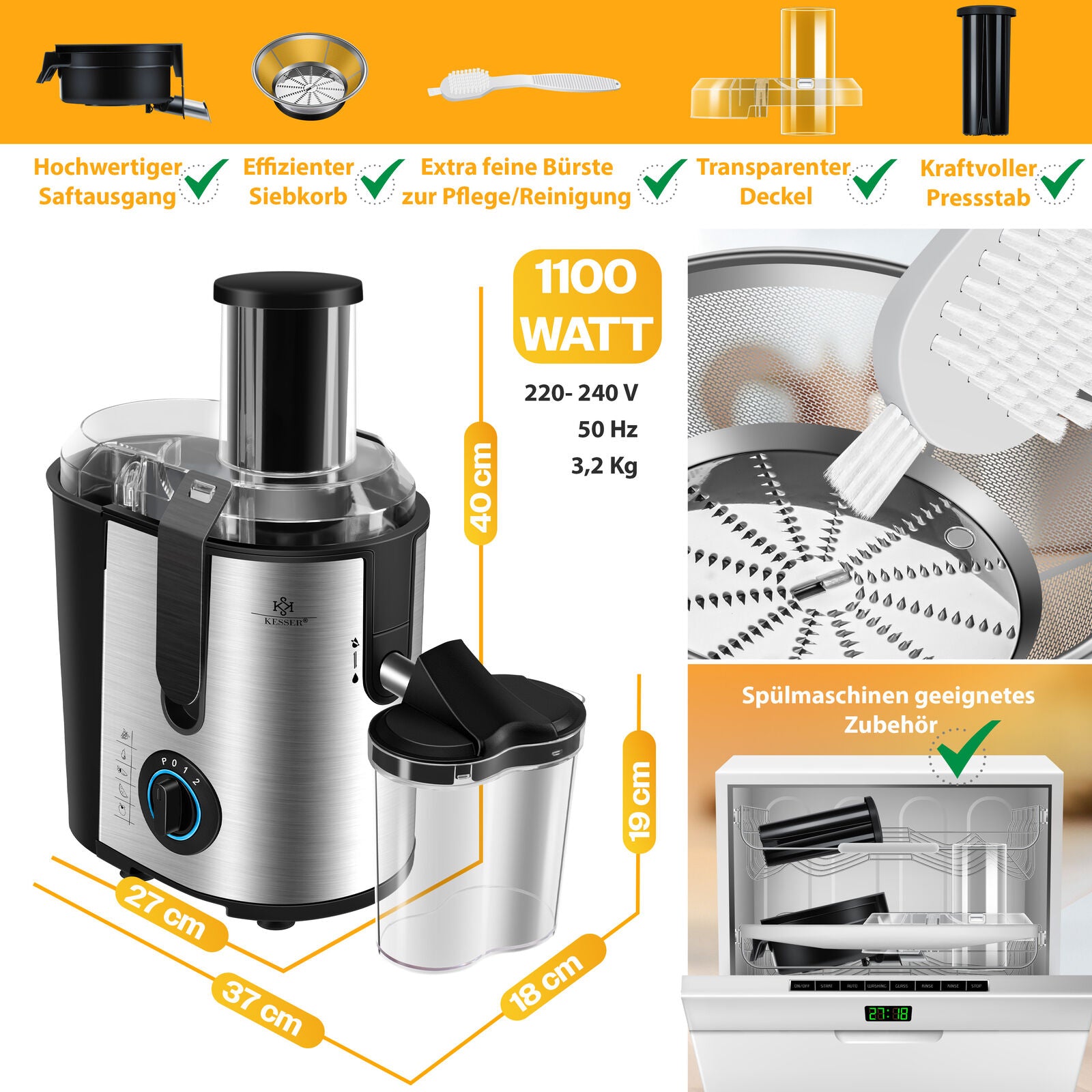 KESSER® Entsafter Saftpresse Edelstahl 1100W 85Mm Presse Obstpresse Saft Juicer