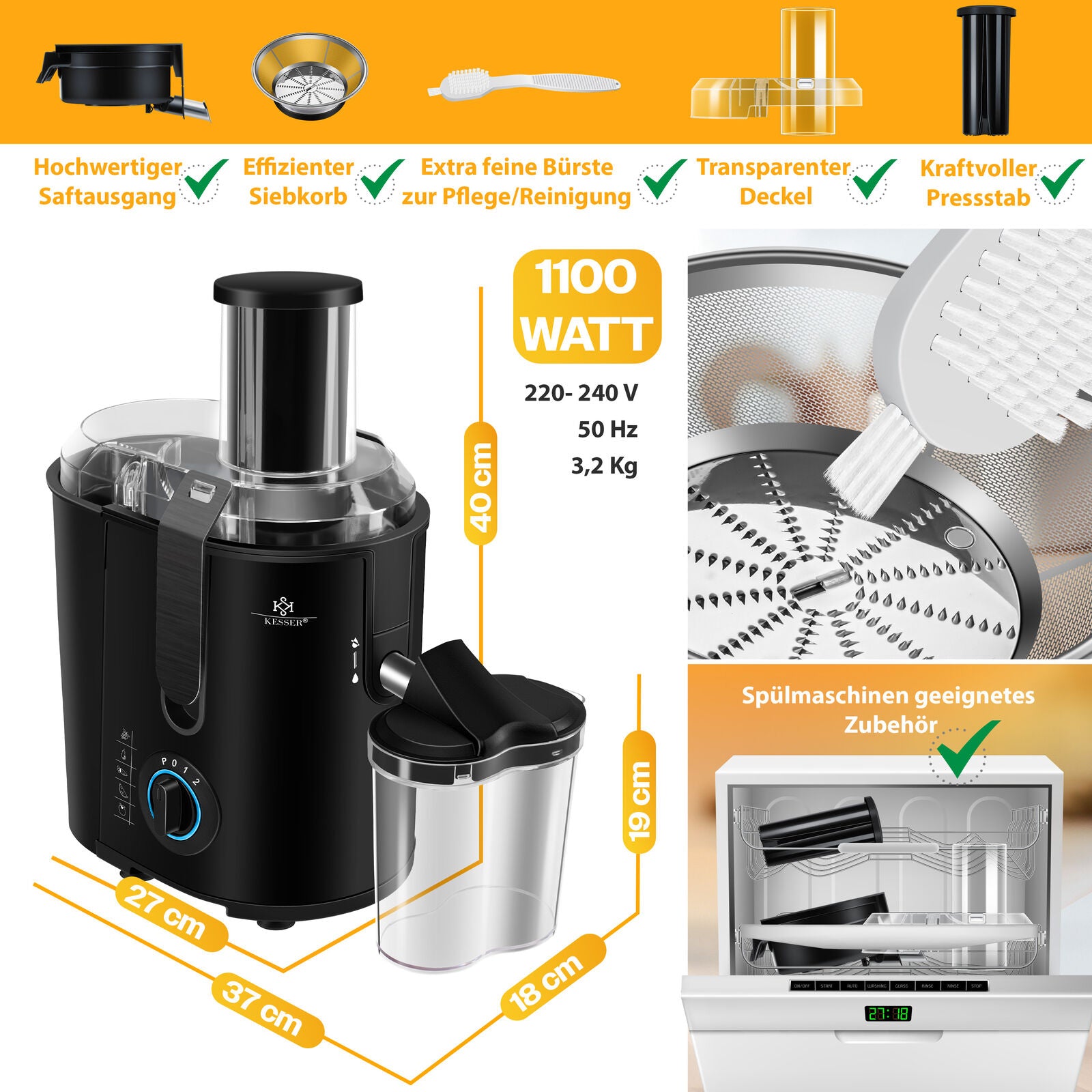 KESSER® Entsafter Saftpresse Edelstahl 1100W 85Mm Presse Obstpresse Saft Juicer